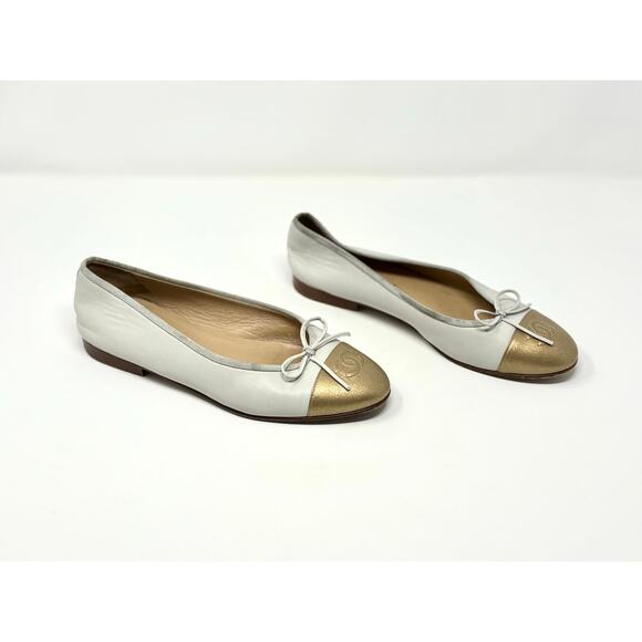 Chanel CC Cap Toe Ballet Flats Classic Kidskin Leather Cream Gold Bow EU 37.5 - Picture 2 of 15